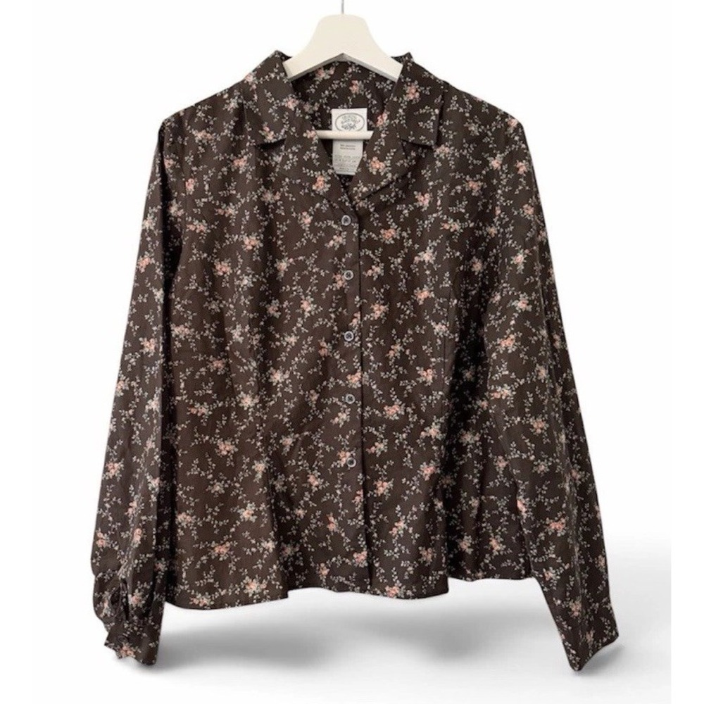 Vintage 90s Laura Ashley Cottagecore Brown L/S Ditzy Floral Blouse UK 18 US 14